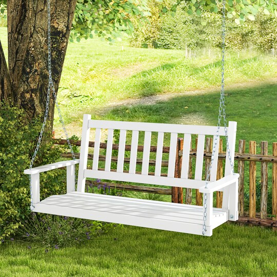 Wooden Outdoor Porch Swing with Slatted Backrest and Ergonomic Curved Seat